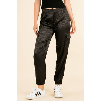 THML Black Cheetah Print Jogger Pants with Side Pockets: BLACK