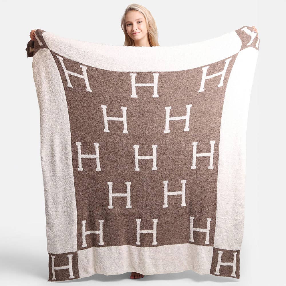 H Initial Monogram Patterned Reversible Throw Blanket: Black faux Hermes