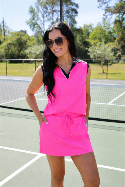 Everyday Polo Tank- Neon Pink Safari Chic: Pink/Leopard / 2XL