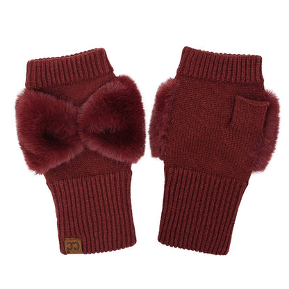 Faux Fur Bow Fingerless C.C Gloves FGE0155: Black