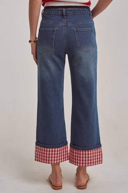 STRAIGHT LEG JEANS WITH GINGHAM CHECK CUFF HEM by BON: DENIM/RED CHECK
