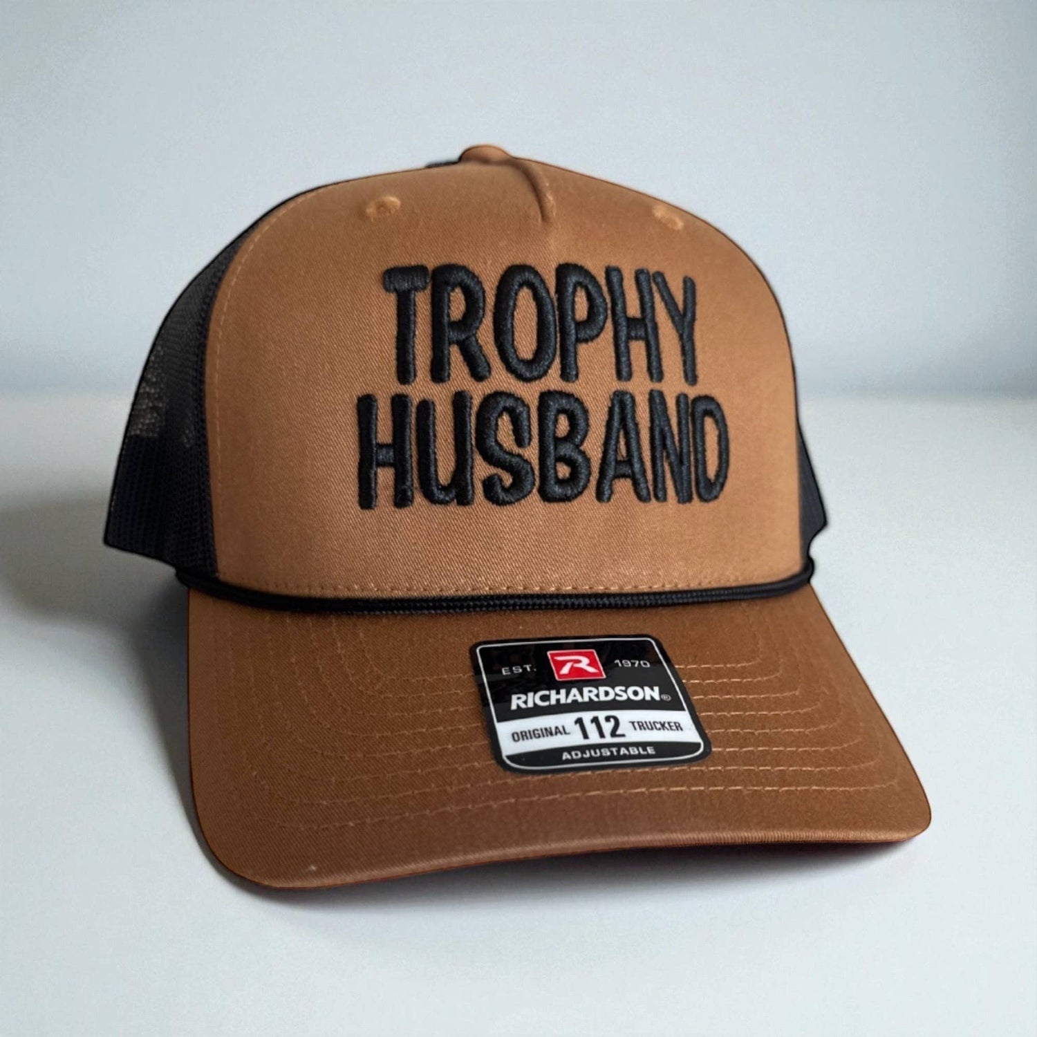 Trophy Husband Hat for Husbands, great wedding, engagement gift: Copper/Black with Rope
