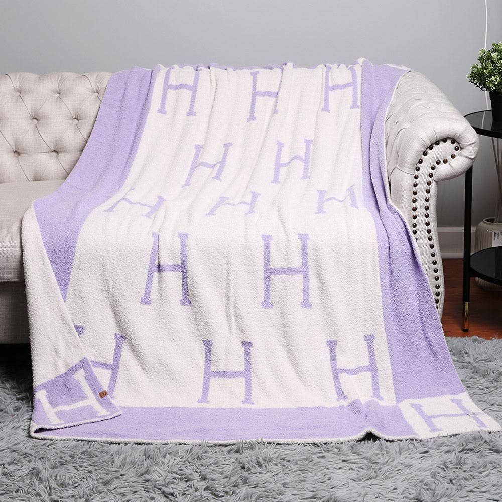 H Initial Monogram Patterned Reversible Throw Blanket: Black faux Hermes