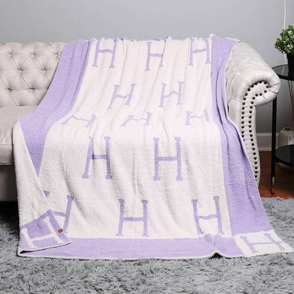 H Initial Monogram Patterned Reversible Throw Blanket: Black faux Hermes