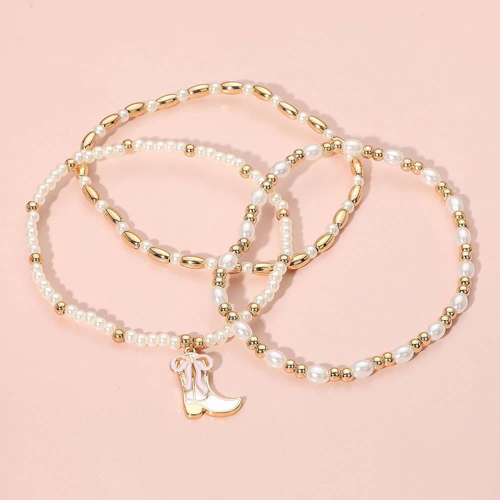 3PCS - Enamel Bow Cowboy Boot Pearl Beaded Multi Layered Bracelet: Gold,Hot Pink