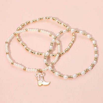 3PCS - Enamel Bow Cowboy Boot Pearl Beaded Multi Layered Bracelet: Gold,Hot Pink