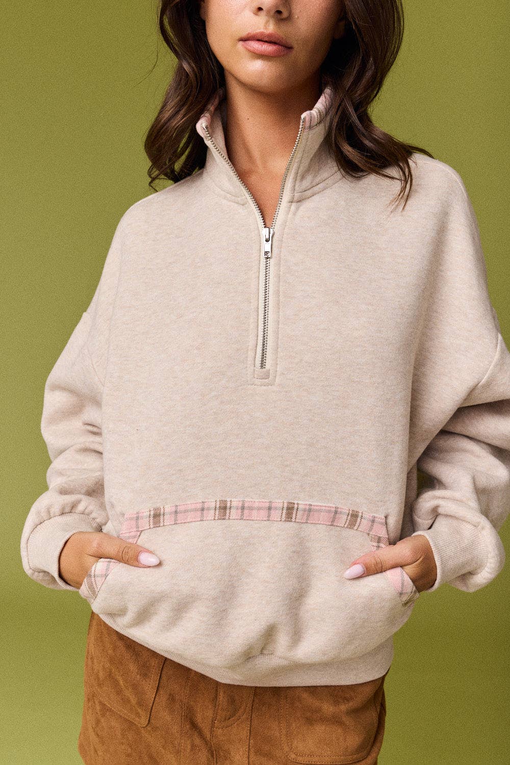 PT20138 Caroline Plaid Trim Quarter Zip Pullover: NAVY / S-M-L (2-2-2)