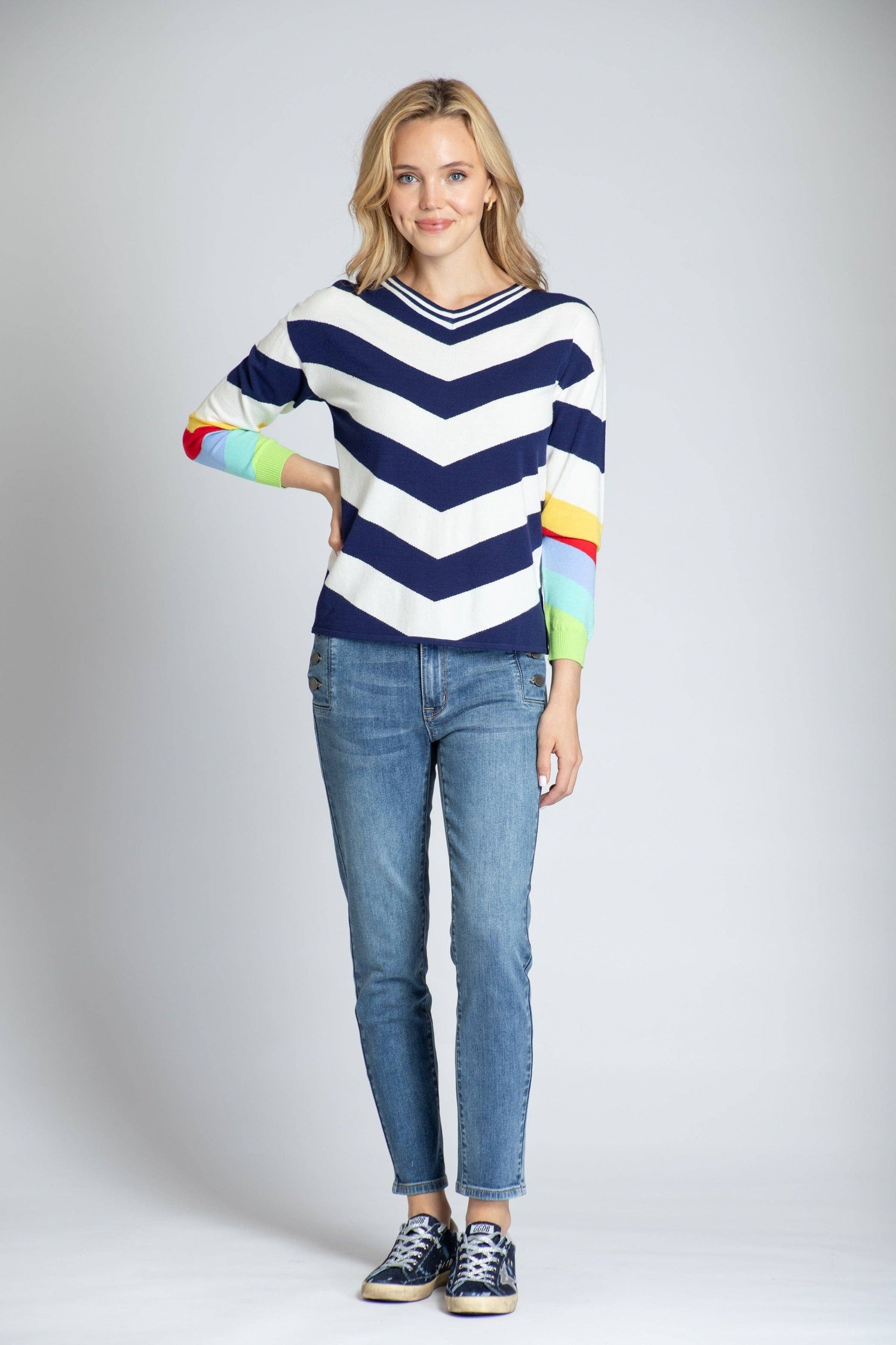 Chevron Pull Over With Rainbow Cuffs: MULTI / S