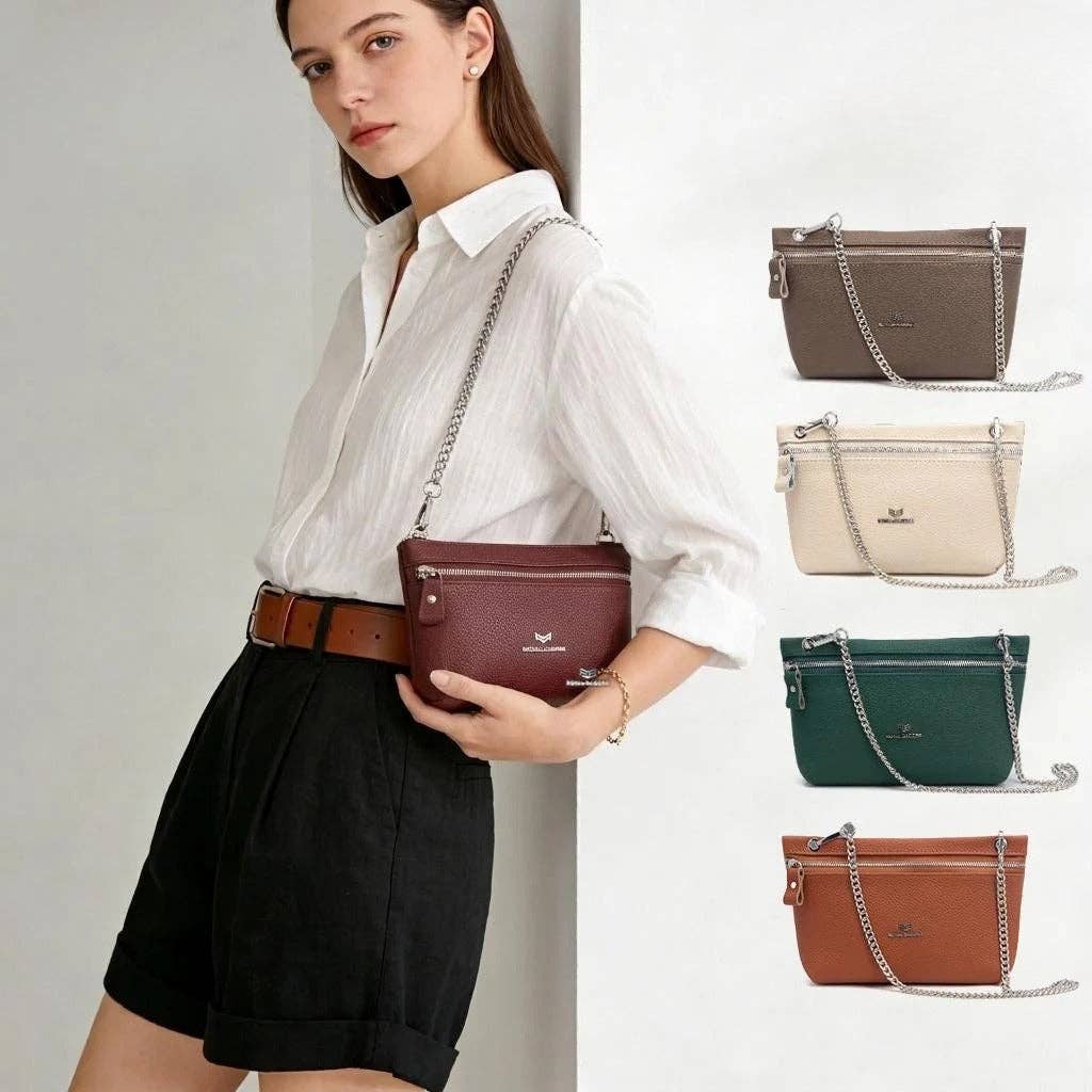 Genuine Leather RFID Crossbody Wallet: WineRed