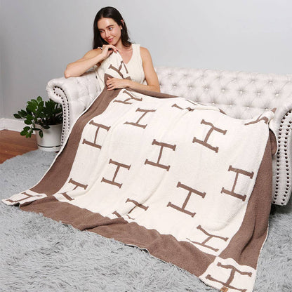 H Initial Monogram Patterned Reversible Throw Blanket: Black faux Hermes