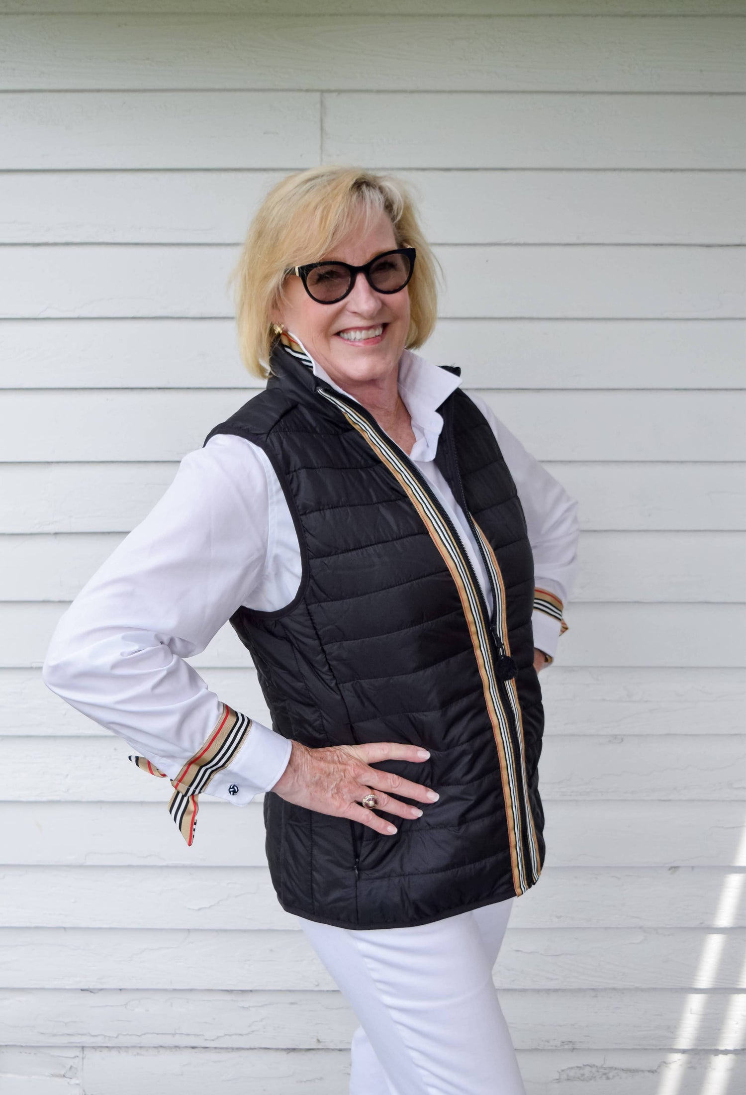 Maggie May Puffer Vest - Black w Kayla Khaki Stripe: Black w Kayla Khaki Stripe Ribbon / M