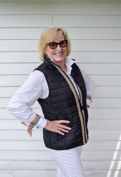 Maggie May Puffer Vest - Black w Kayla Khaki Stripe: Black w Kayla Khaki Stripe Ribbon / M
