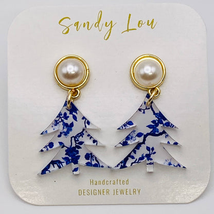Blue Willow Festive Holiday Tree Earrings: Small 1.5&quot;