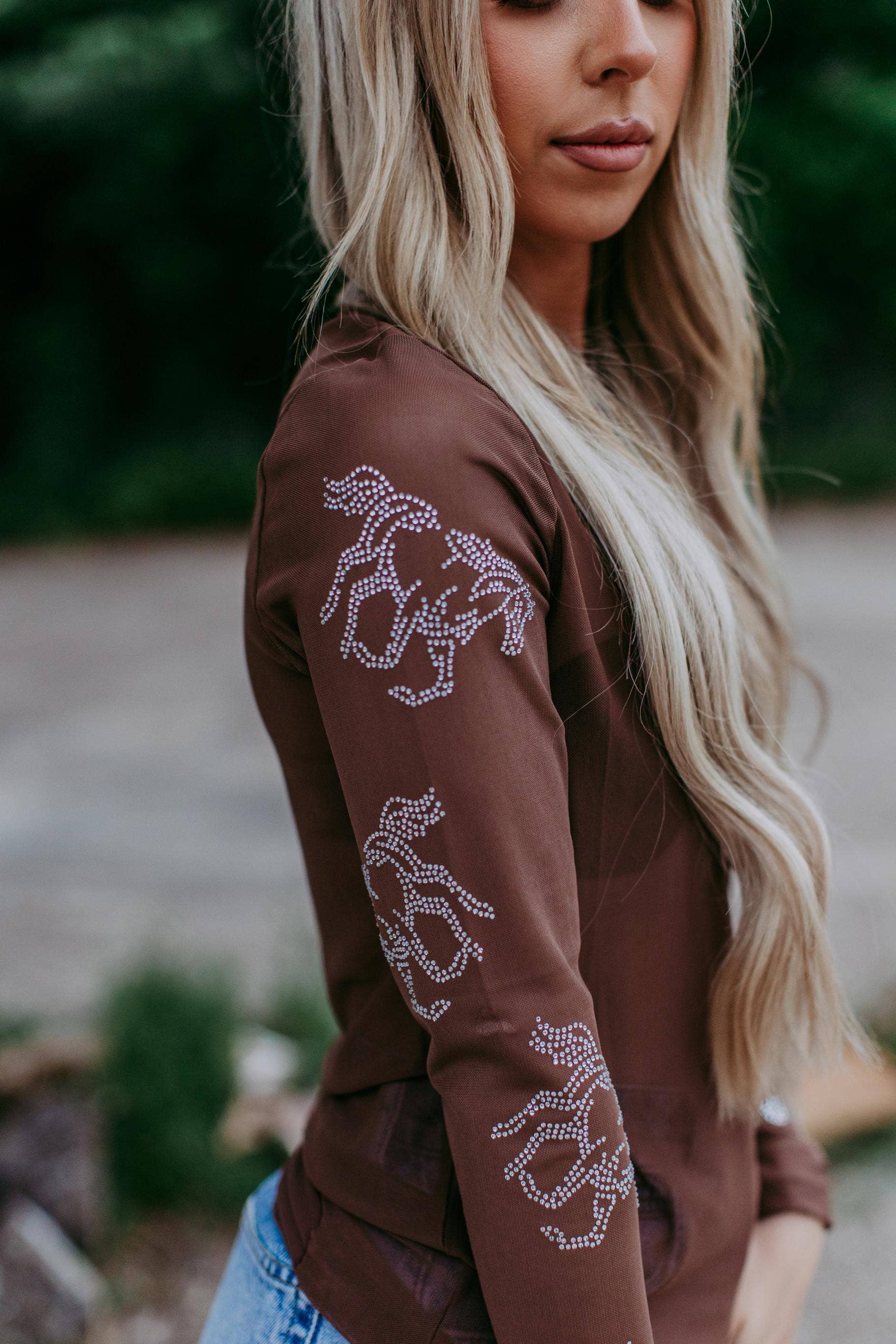 MK426 Dylan brown Rhinestone Embellished Mesh LS Top: Brown