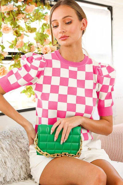 Crew Neck Short Puff Sleeve Checkerboard Sweater Top VT81345: RUST / L