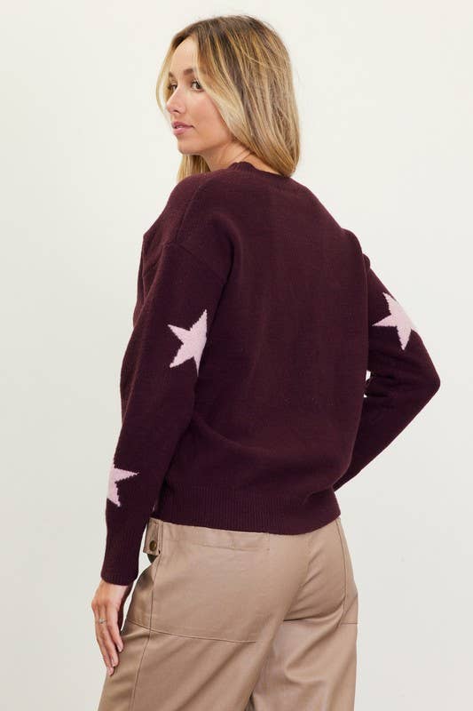 Long Sleeve Lurex Star Pattern Sweater
: Burgundy