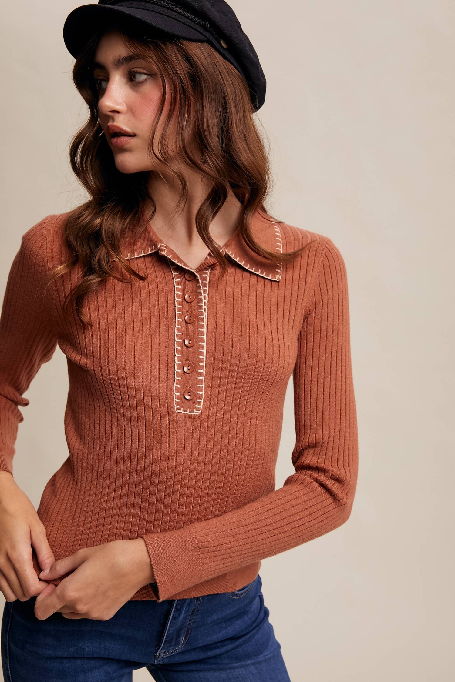 Contrast Stitch Ribbed Knit Top LSW0998: Black / M