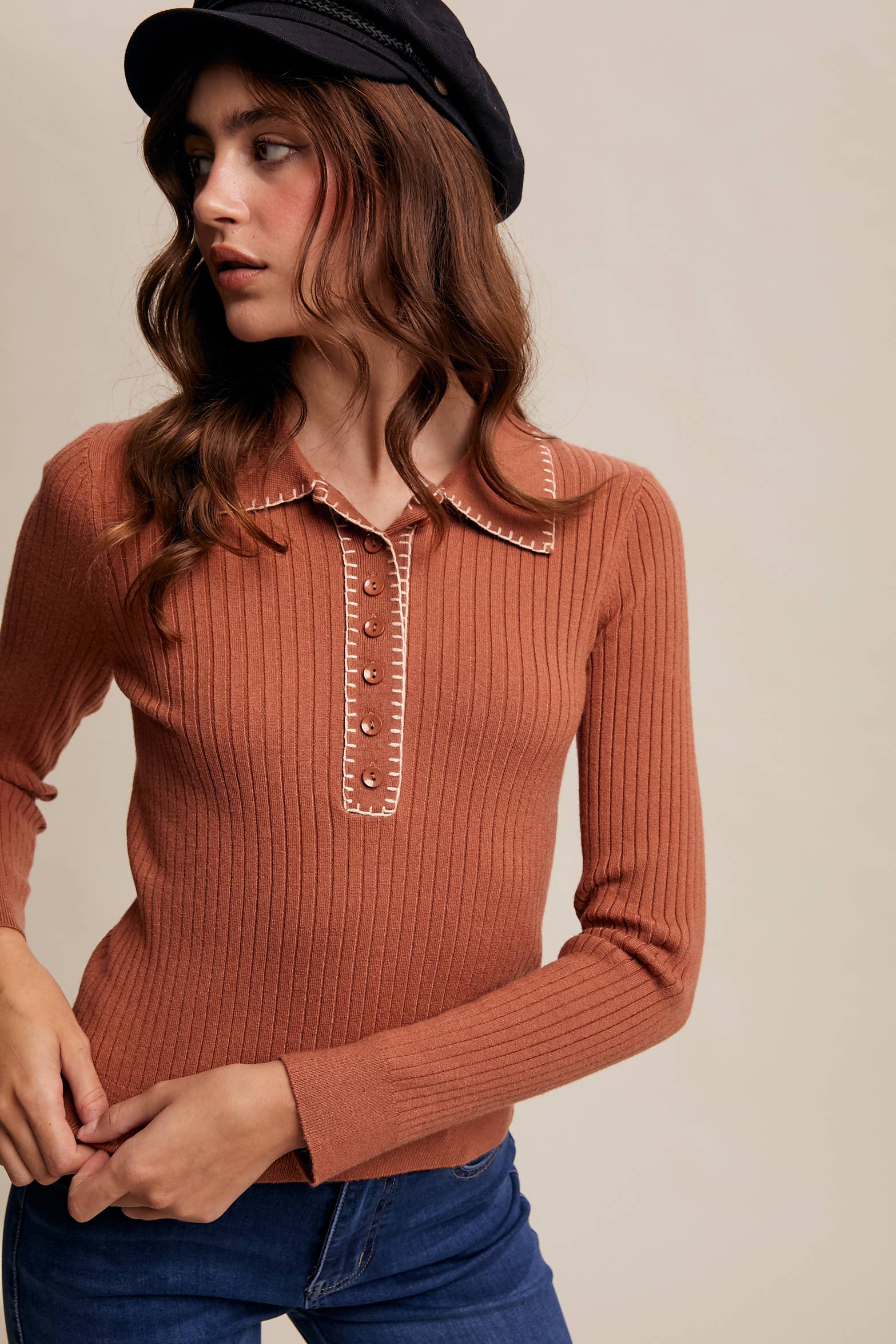 Contrast Stitch Ribbed Knit Top LSW0998: Black / M