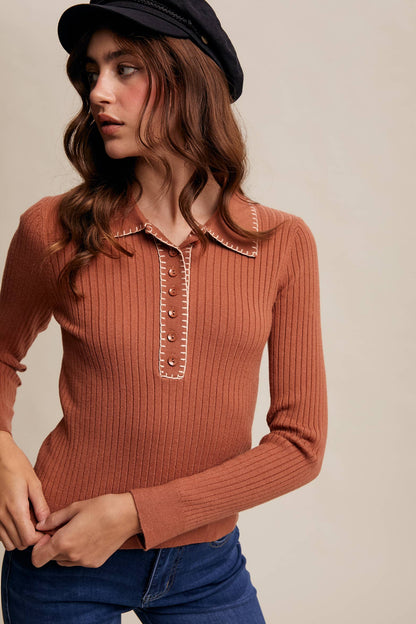 Contrast Stitch Ribbed Knit Top LSW0998: Black / M