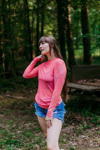 Dylan Rhinestone Embellished Mesh LS Top - Pink: Pink