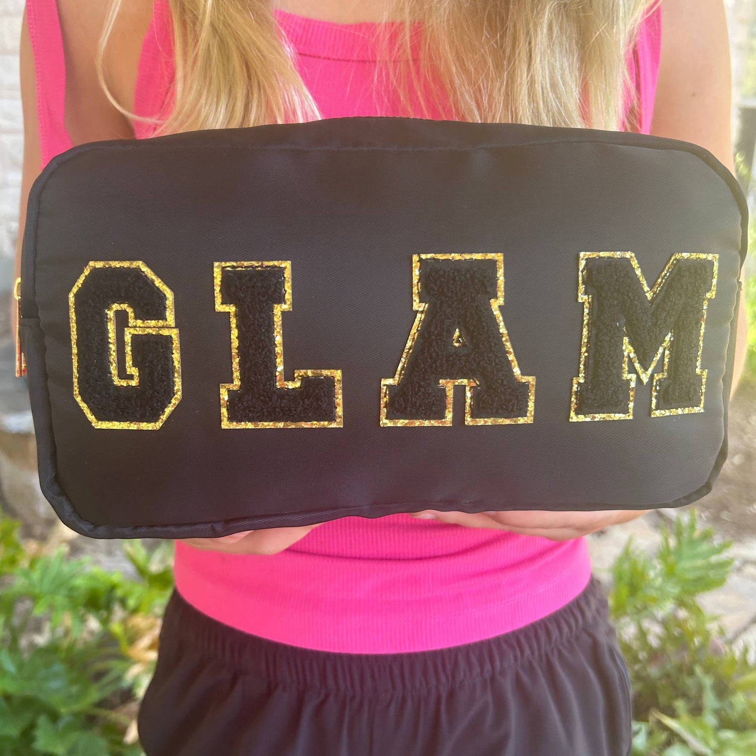 Cosmetic or Toiletry Bag with Varsity Letter Patches: Black with GLAM