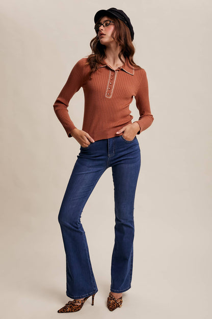 Contrast Stitch Ribbed Knit Top LSW0998: Black / M