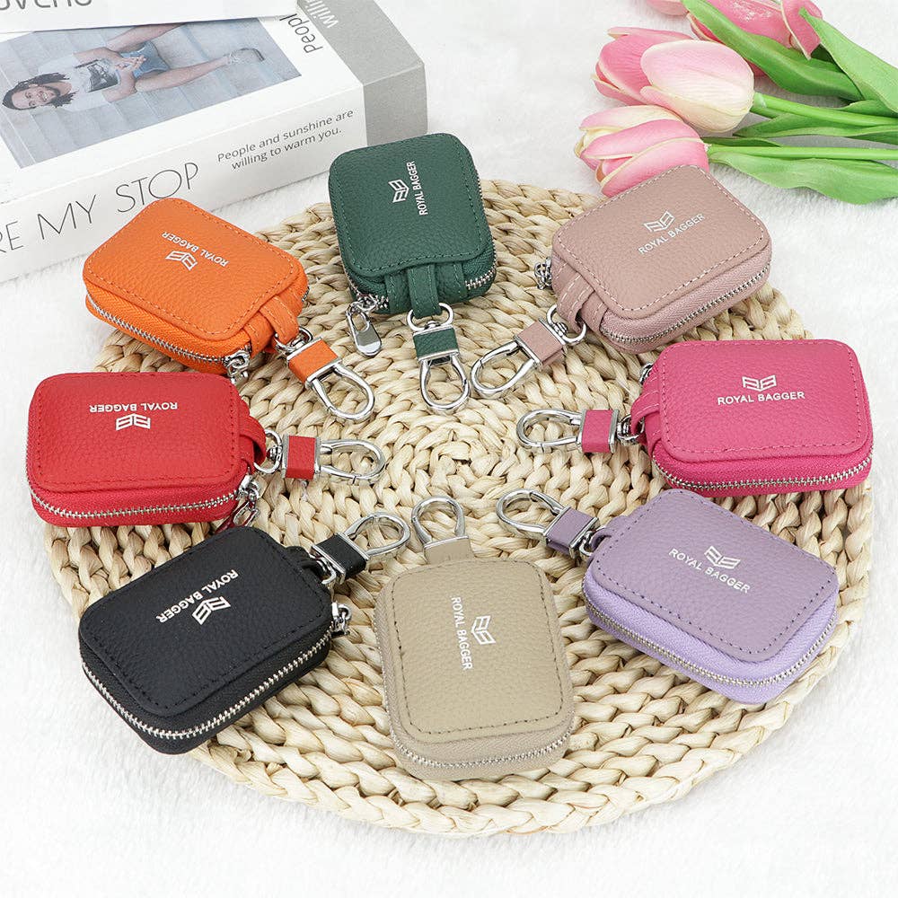2901 Leather Earphone Pouch with Keychain: Light Grey