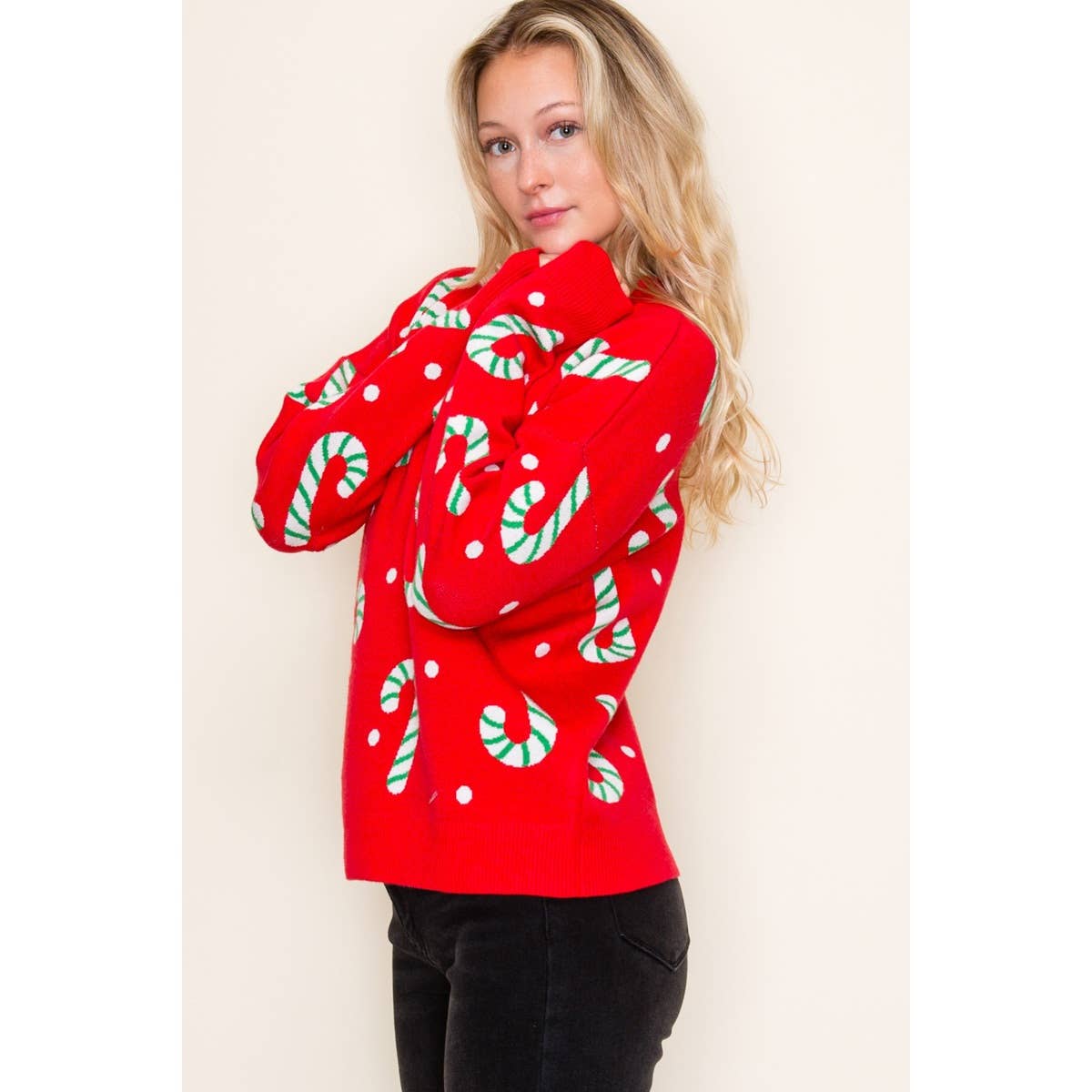 CHRISTMAS CANDY CANE SWEATER: GREEN / S-M-L-XL(2-2-2-1)