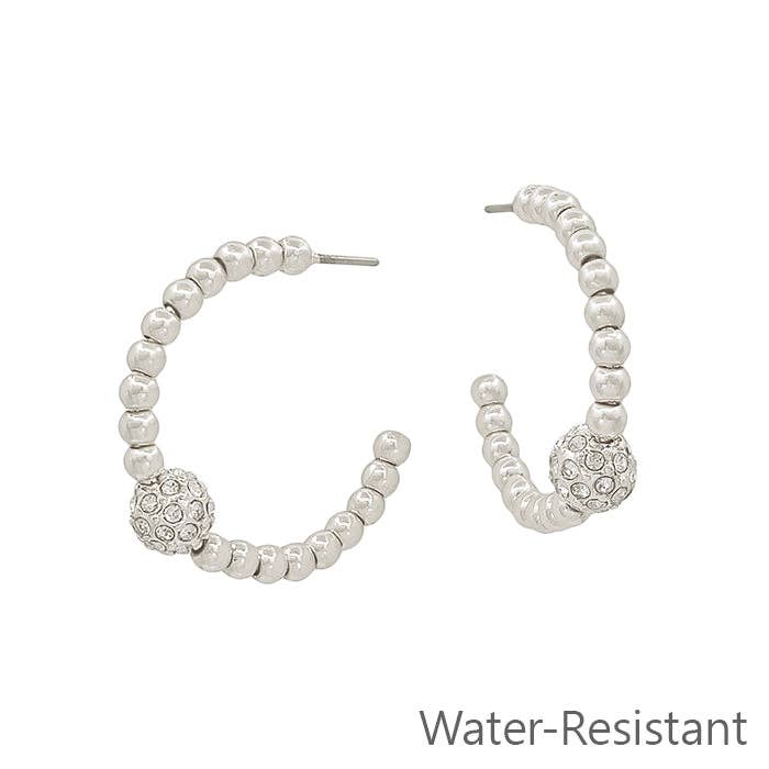 Water Resistant Silver Beaded with Crystal Beaded Accent 1&quot; Hoop Earring