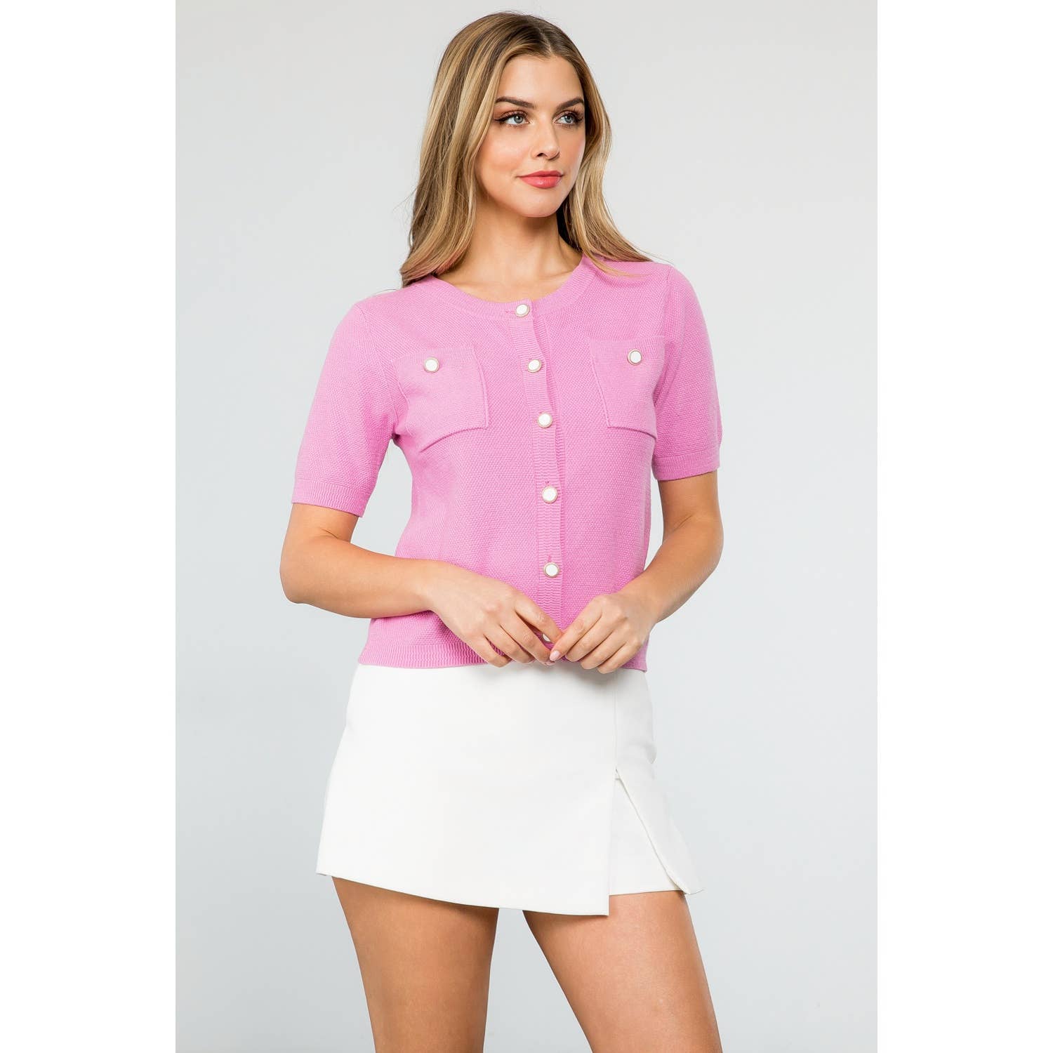 Short Sleeve Button Up Knitted Top: PINK / XS-S-M-L(1-2-2-1)