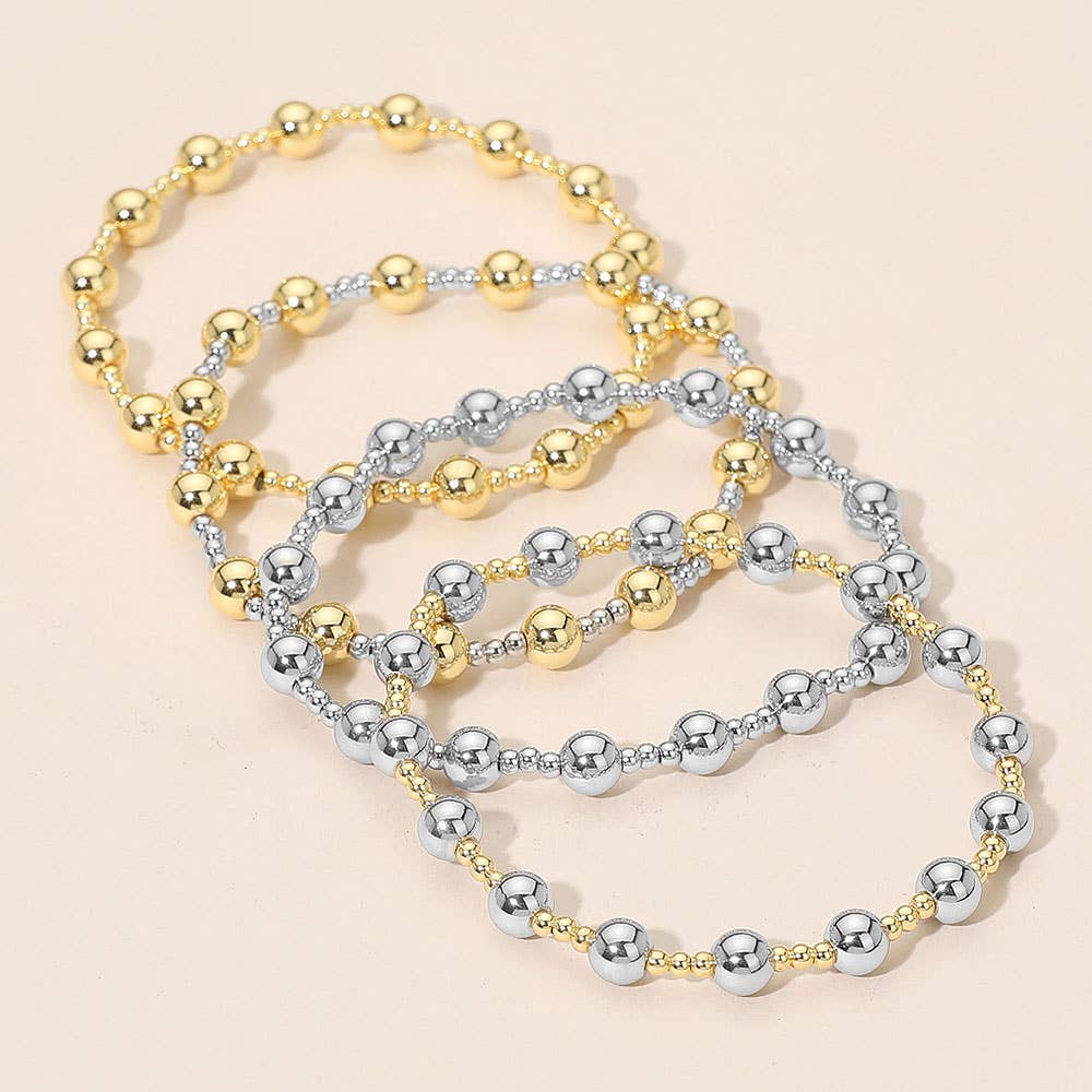 Stainless Steel Alternating Beaded Stretch Bracelet: Silver,Two Tone