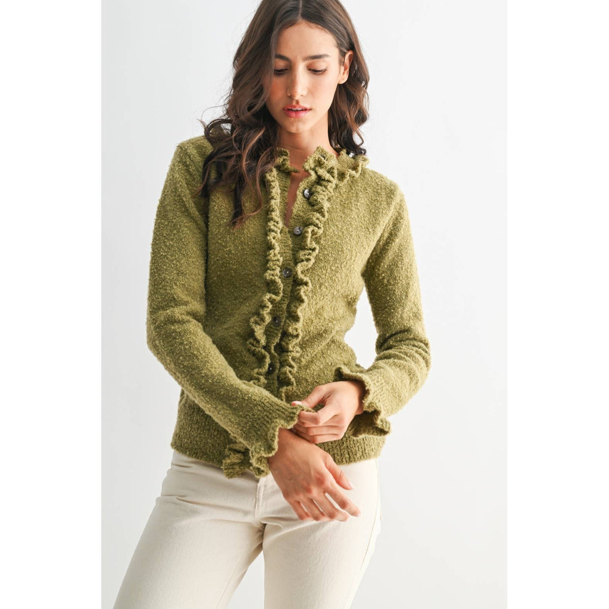 CEW26312 COZY RUFFLED-TRIMMED CARDIGAN: Burgundy / S-M-L(3-2-1)