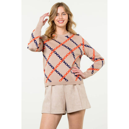 Chain Print Sweater: TAUPE / L