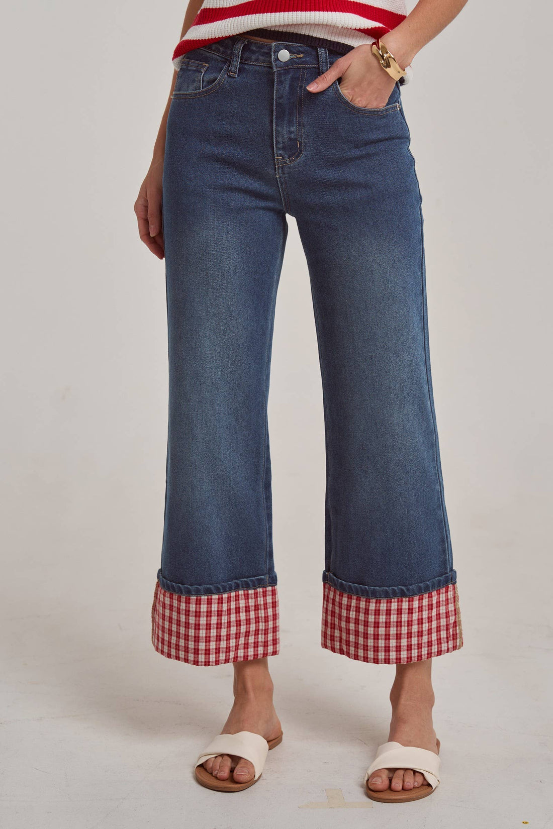 STRAIGHT LEG JEANS WITH GINGHAM CHECK CUFF HEM by BON: DENIM/RED CHECK
