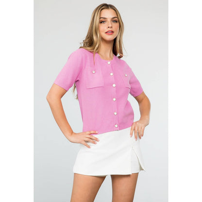 Short Sleeve Button Up Knitted Top: PINK / XS-S-M-L(1-2-2-1)