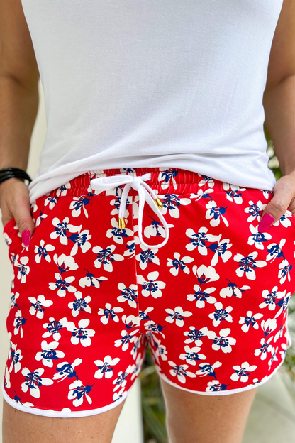 Rebel Floral Drawstring Everyday Shorts: Red / Large