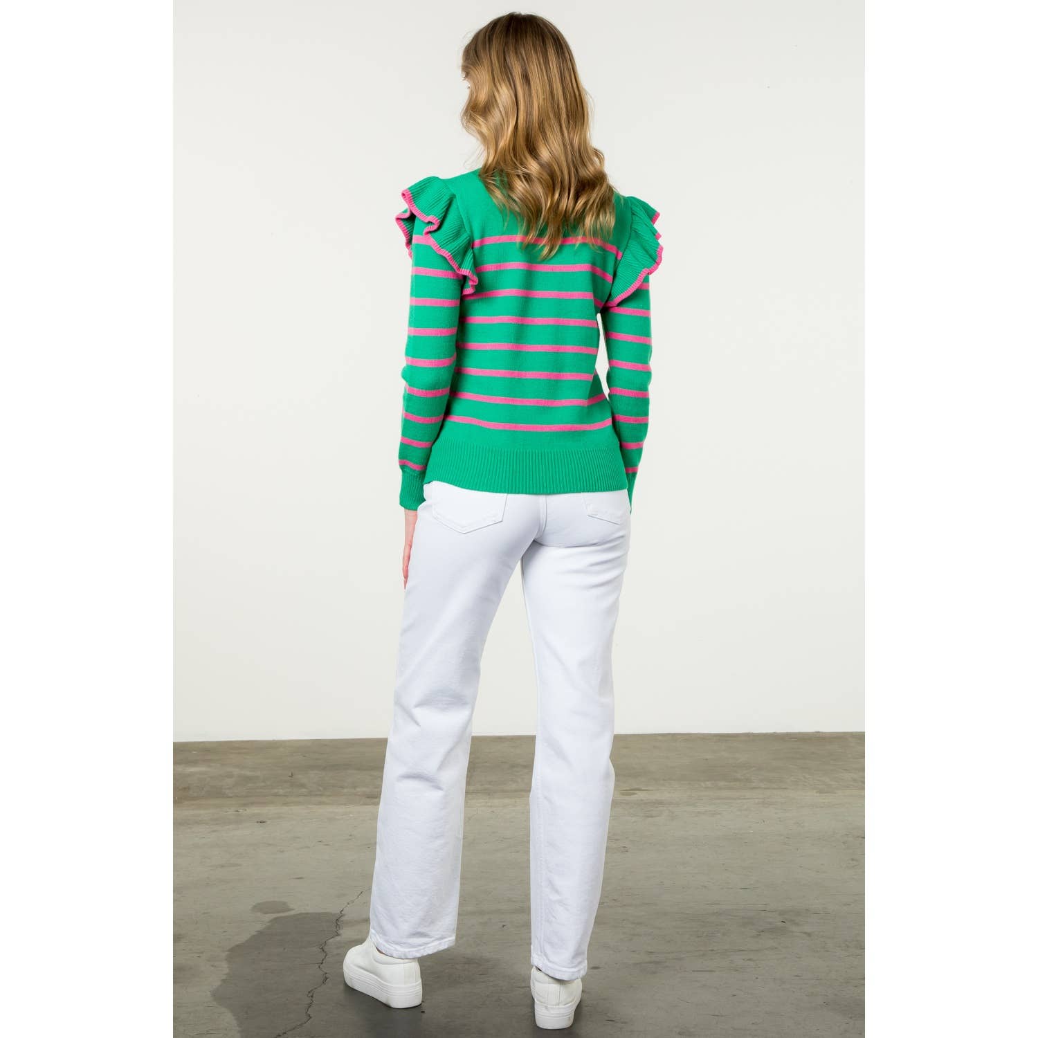 Flutter Detail Striped Sweater: GREEN / M