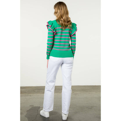 Flutter Detail Striped Sweater: GREEN / M