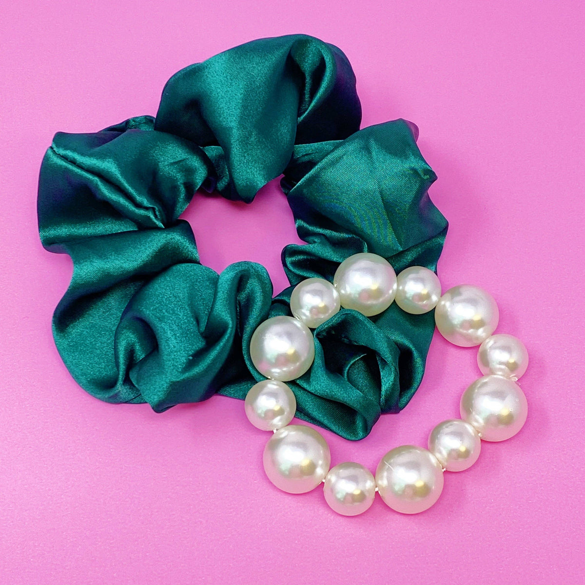 Pearl &amp; Satin Scrunchie Set: Jeweled Pink