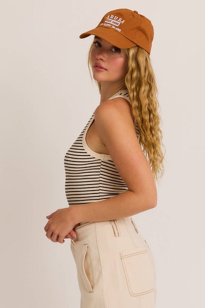 ROUND NECK SLEEVELESS STRIPE BODYSUIT: OLIVE-NAVY STRIPE / M
