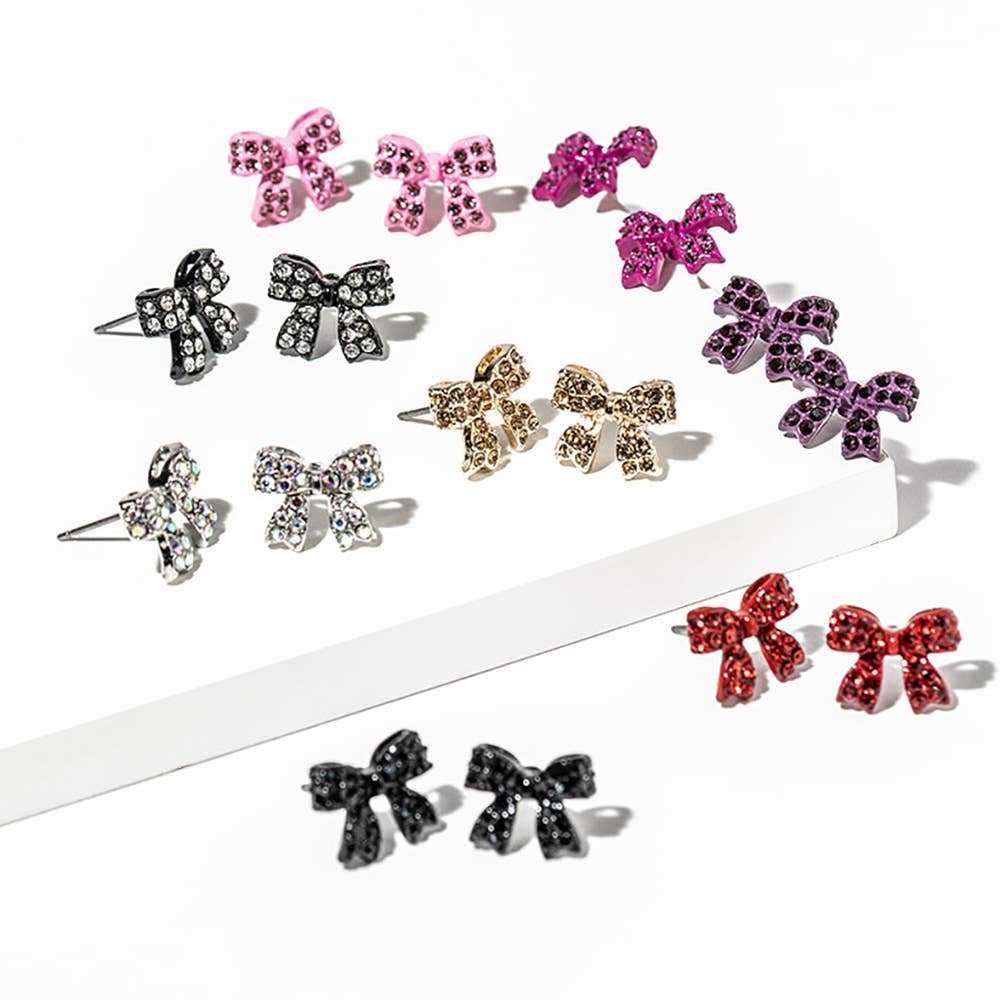 Crystal Rhinestone Bow Stud Earrings: Jet Black