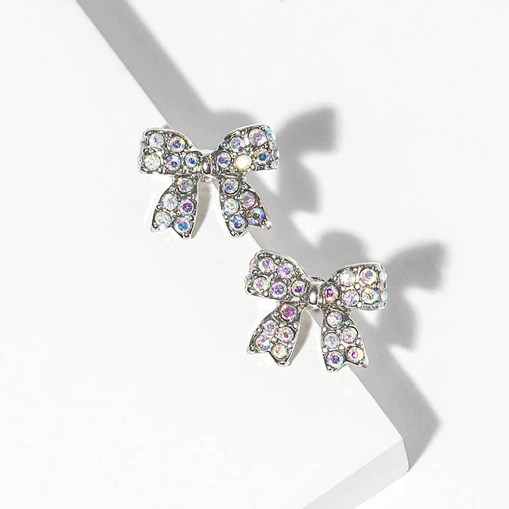 Crystal Rhinestone Bow Stud Earrings: AB,Rhodium