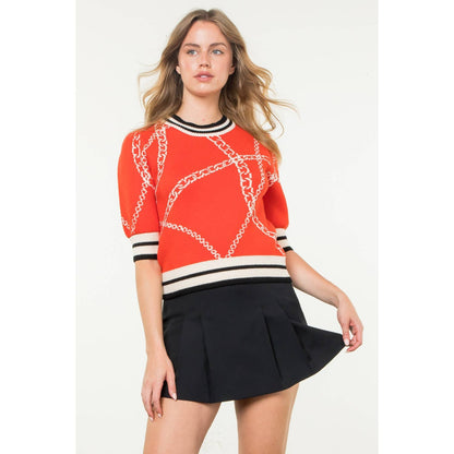 THML Short Sleeve Knit Top: BLACK WITH PINK TRIM / XS