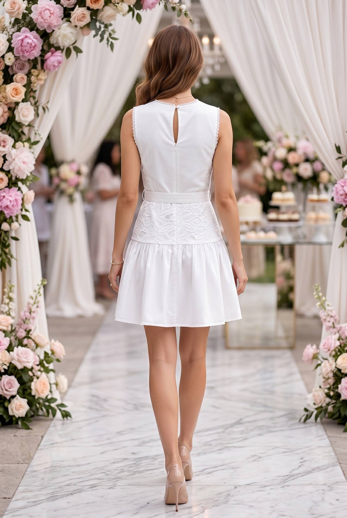 Baby Pink Floral Lace Mini Dress With Belt: YELLOW