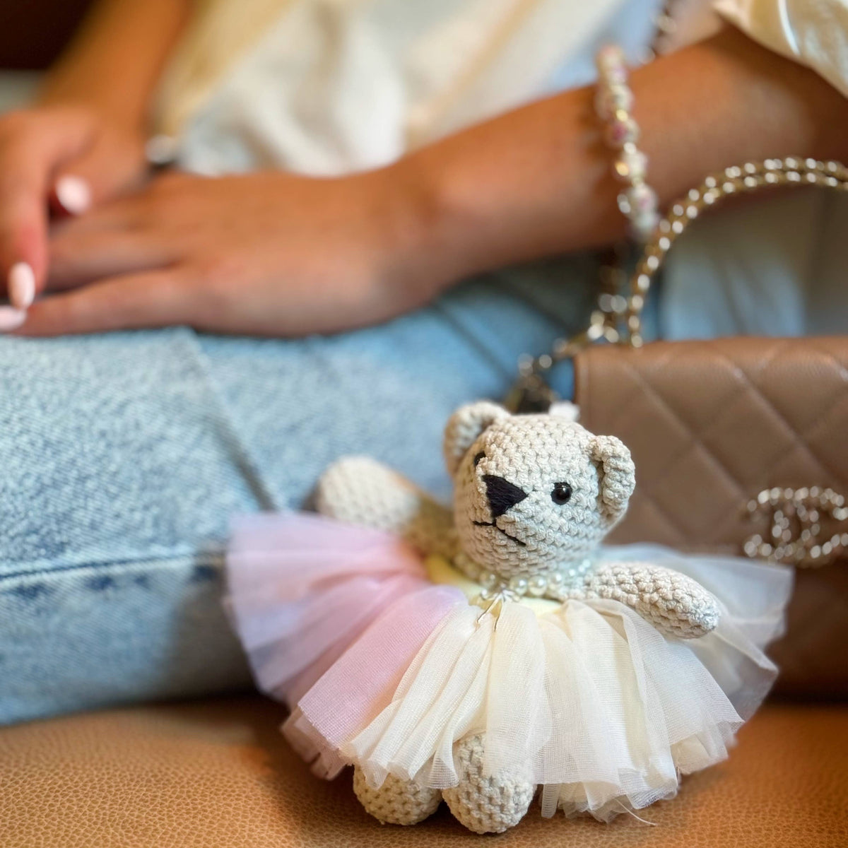 Tutu Scrunch Ballerina Bear Bag Charm: Cream Tutu