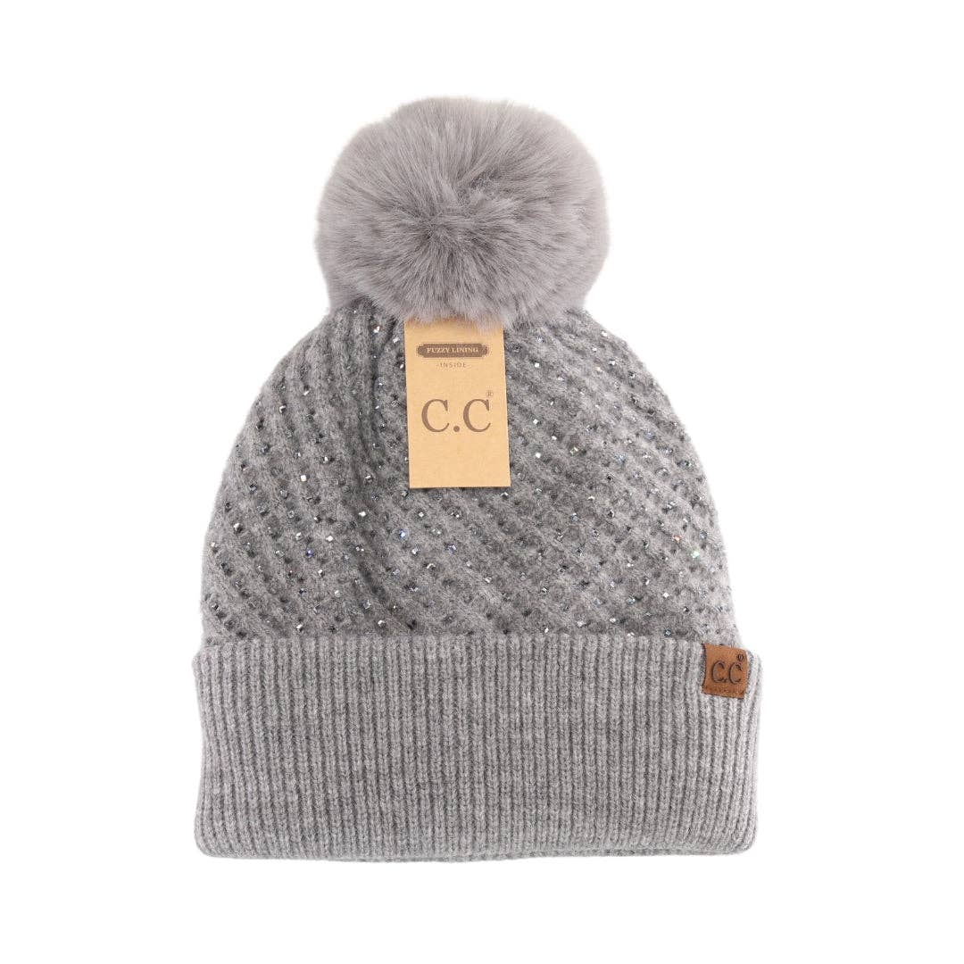 Allover Rhinestone C.C Faux Fur Pom Beanie HTE0101: Grey