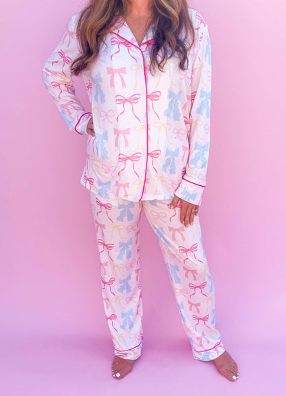 Pink Pastel Bows Long Sleeve Loungewear Pajama Set: XS