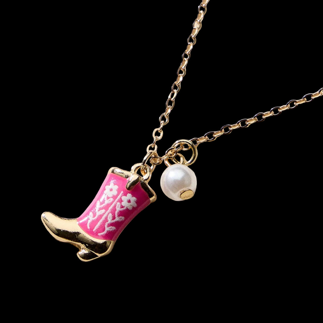 Necklace – Cowboy Boot Pendant with Printed Detail &amp; Pearl Accent: PINK
