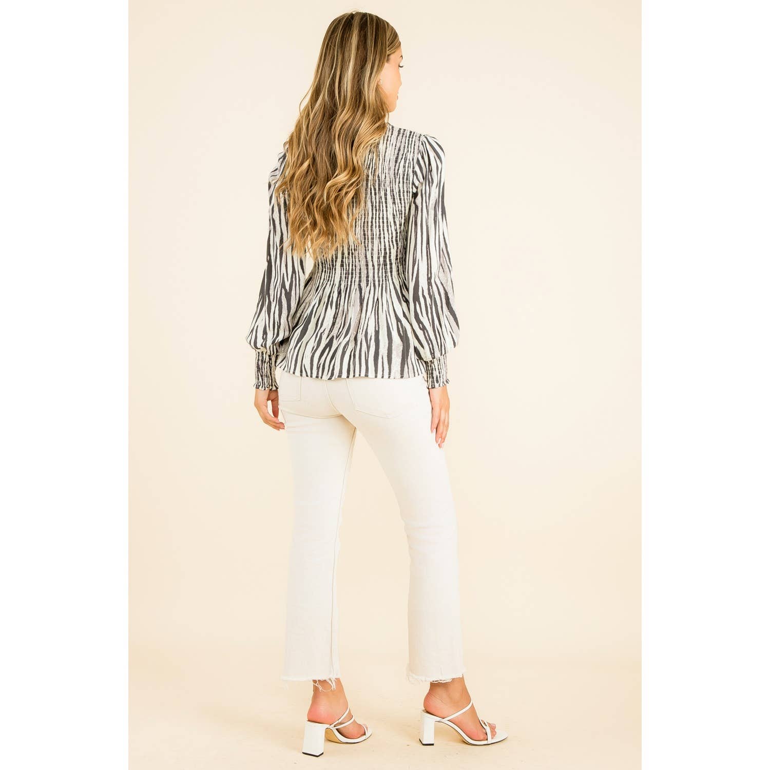 Smocked Zebra Print Top: GRAY / L