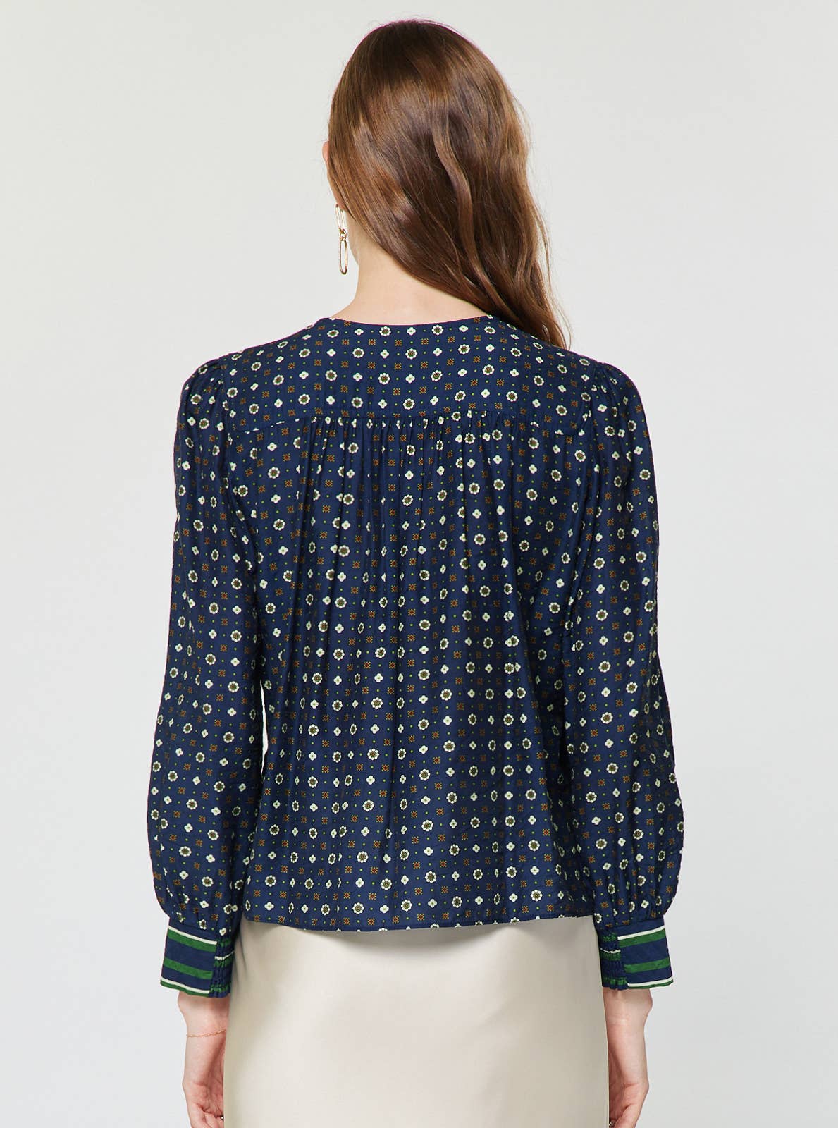 Geo Foulard Print Long Sleeve Blouse: Navy Multi